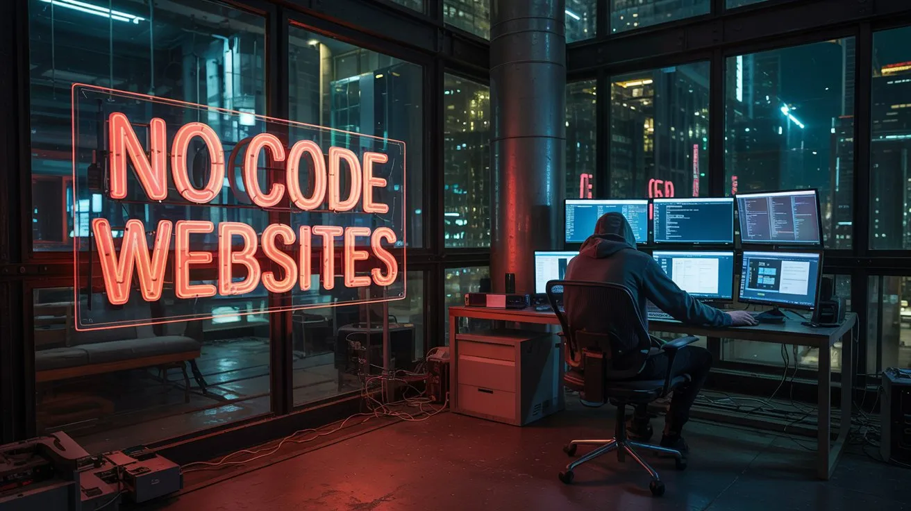 A neon office at night with monitors and a city skyline, captioned NO CODE WEBSITES