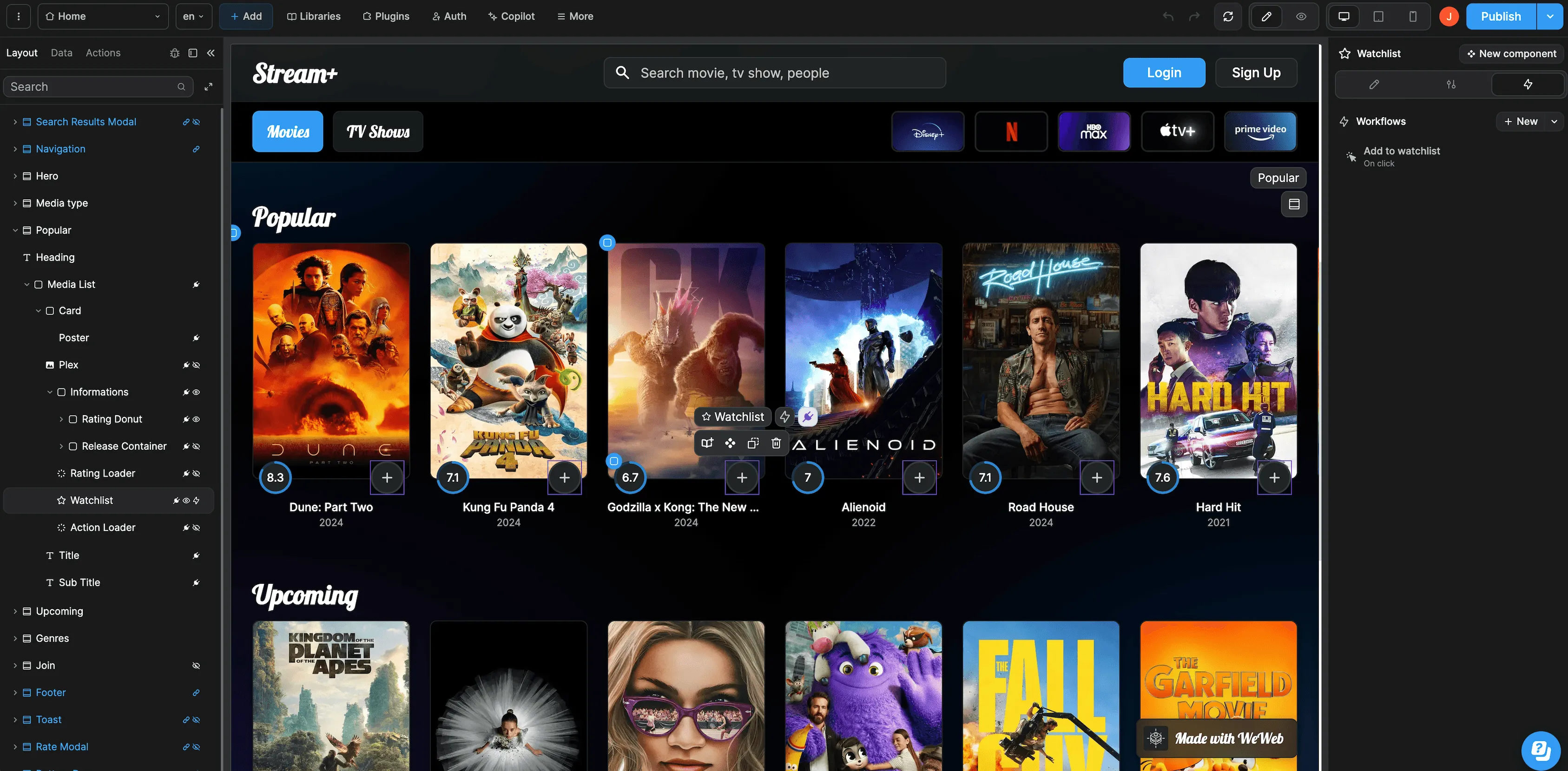 The WeWeb editor building a streaming app interface with a component tree and workflow panel