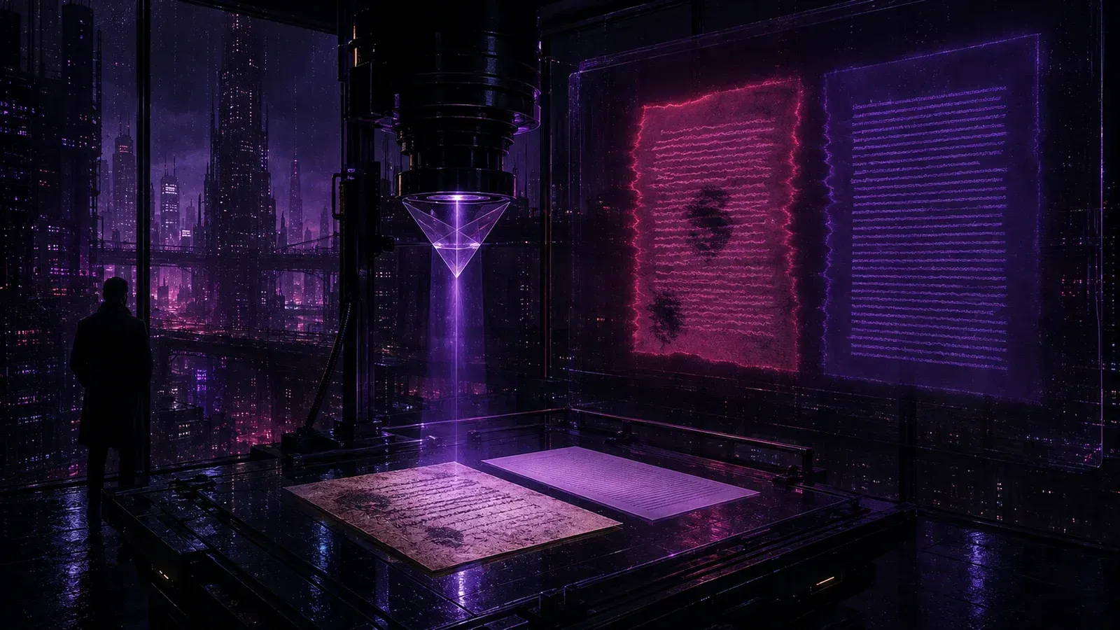 A purple cyberpunk laboratory where a scanner misreads the spectral projection of a tactile human page as its city glows beyond the glass.