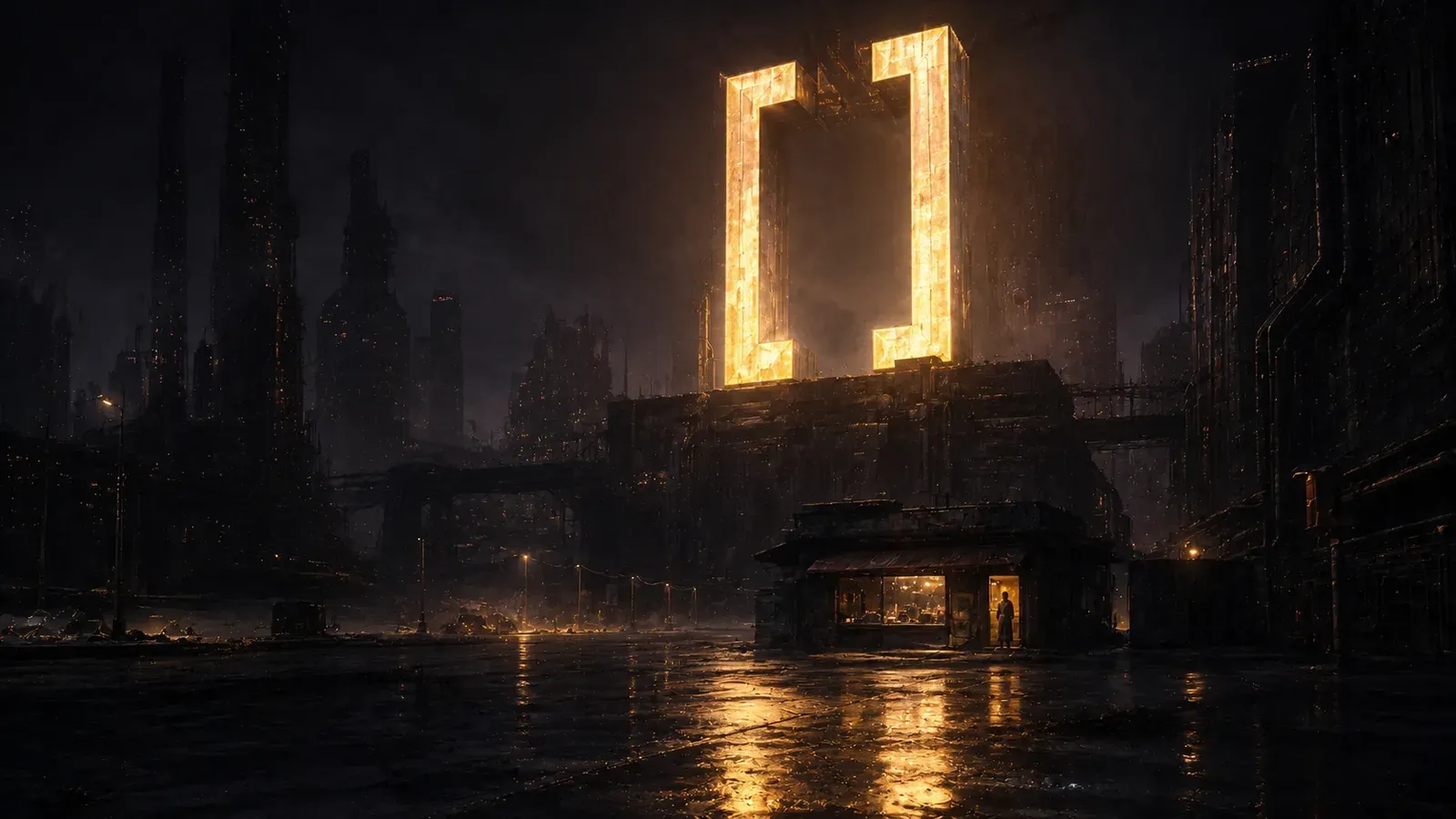 A huge golden citation monument lights an empty street above a small shop, where a lone shopkeeper waits in the doorway.
