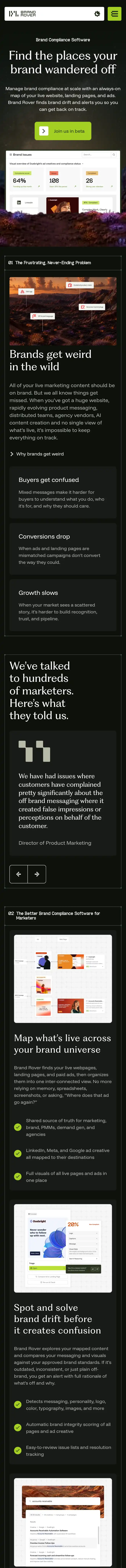 The same full homepage on an iPhone, resting at the top, with the headline and the Brand Issues dashboard stacked into one column.
