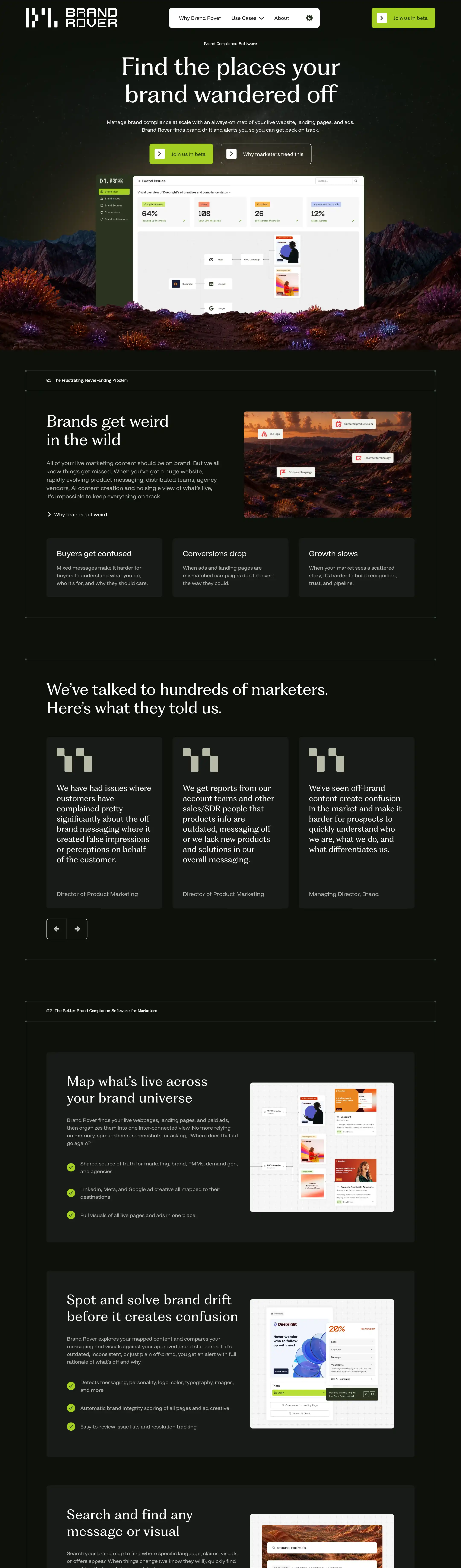 The full brandrover.ai homepage in its dark theme, resting at the top: the headline “Find the places your brand wandered off” over a darkened landscape, above a Brand Issues dashboard showing a 64 percent compliance score, 108 open issues and 26 compliant assets, with a node graph linking Meta and LinkedIn campaigns to individual ad creatives below it.