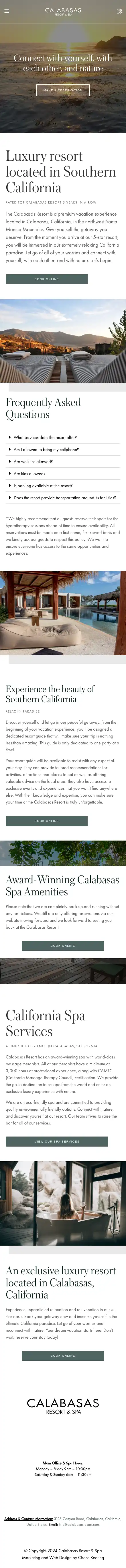 The same full homepage on an iPhone, resting at the top, with the headline and reservation button stacked over the hero.