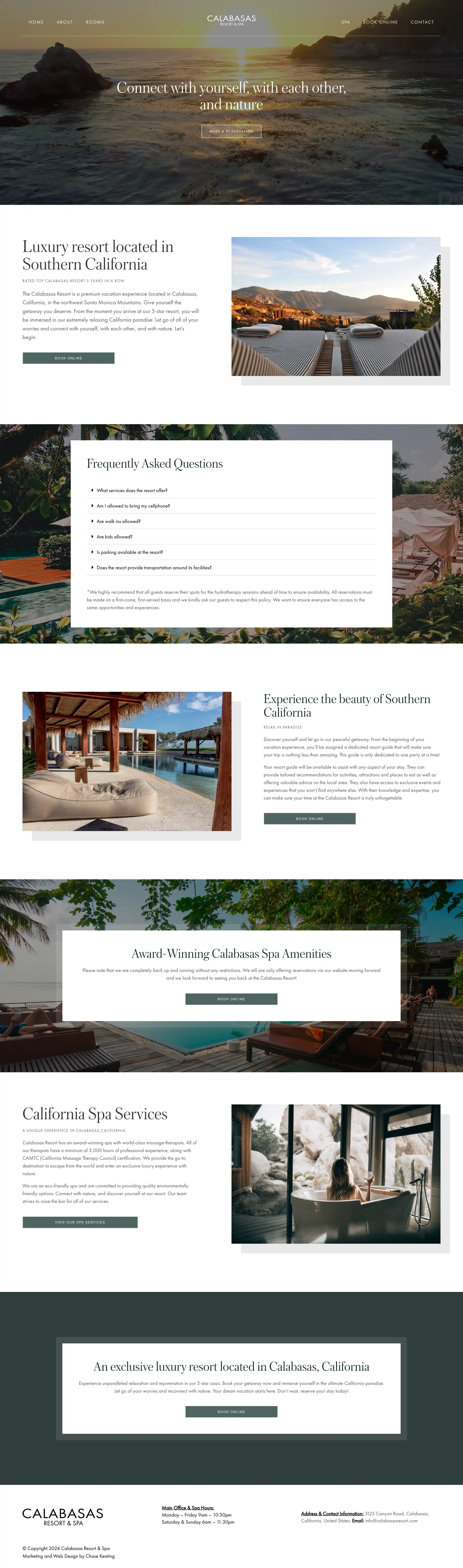 The full Calabasas Resort & Spa homepage, resting at the top: the wordmark centred in a thin nav over a sunset beach hero, the line “Connect with yourself, with each other, and nature” in a light serif, and a MAKE A RESERVATION button, with the rooms, spa and amenities sections below it.