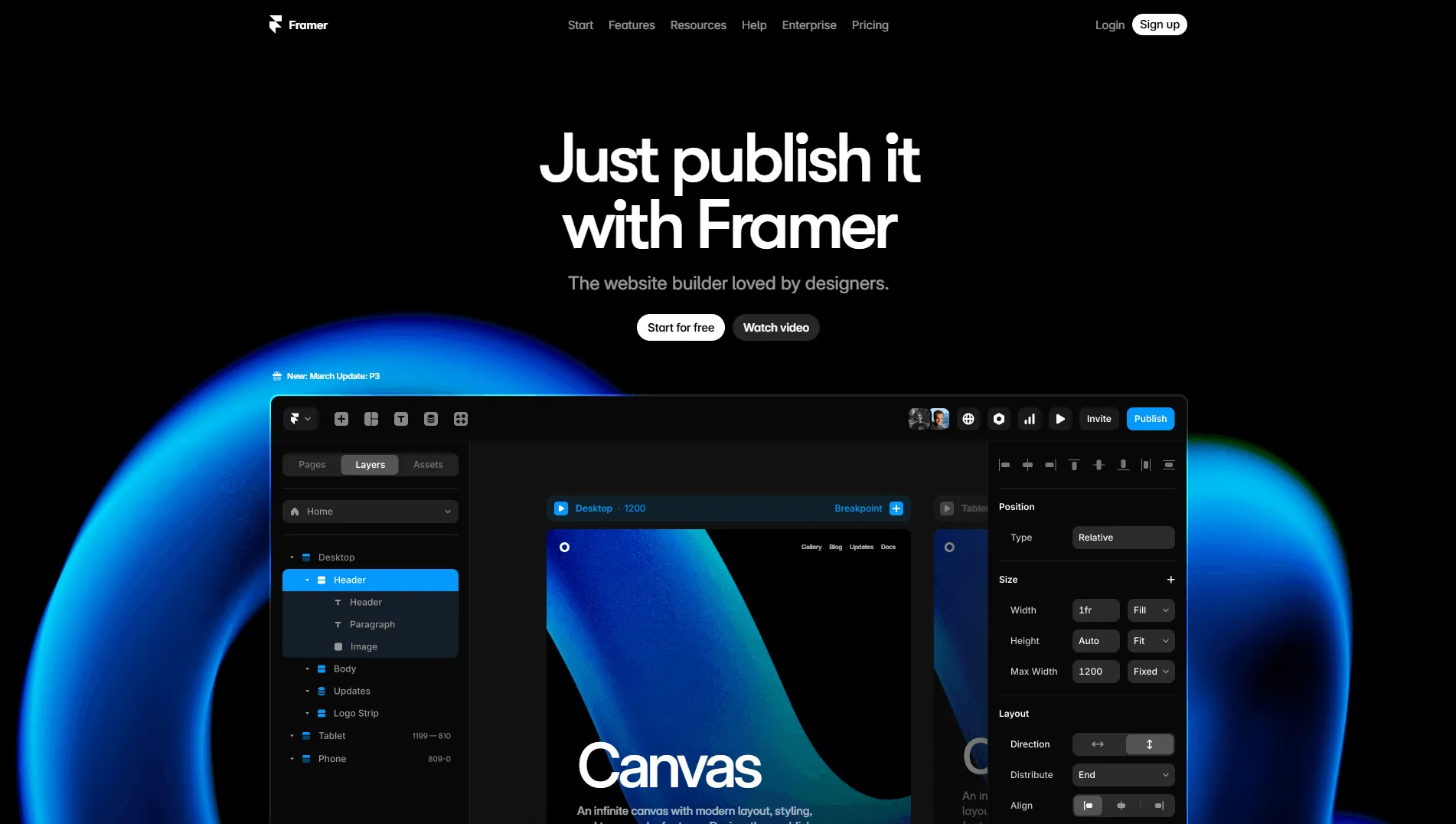 The Framer homepage reading “Just publish it with Framer” above the visual canvas editor