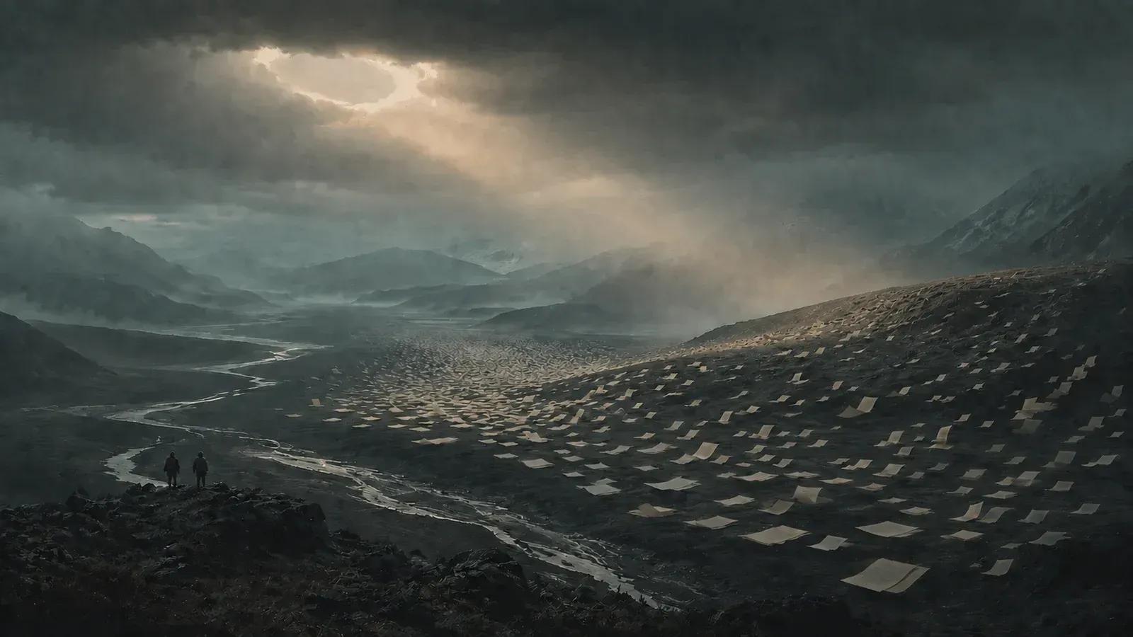 Two figures stand on a ridge above a vast grey valley strewn to the horizon with thousands of identical blank pages, under a storm broken by a single shaft of light.