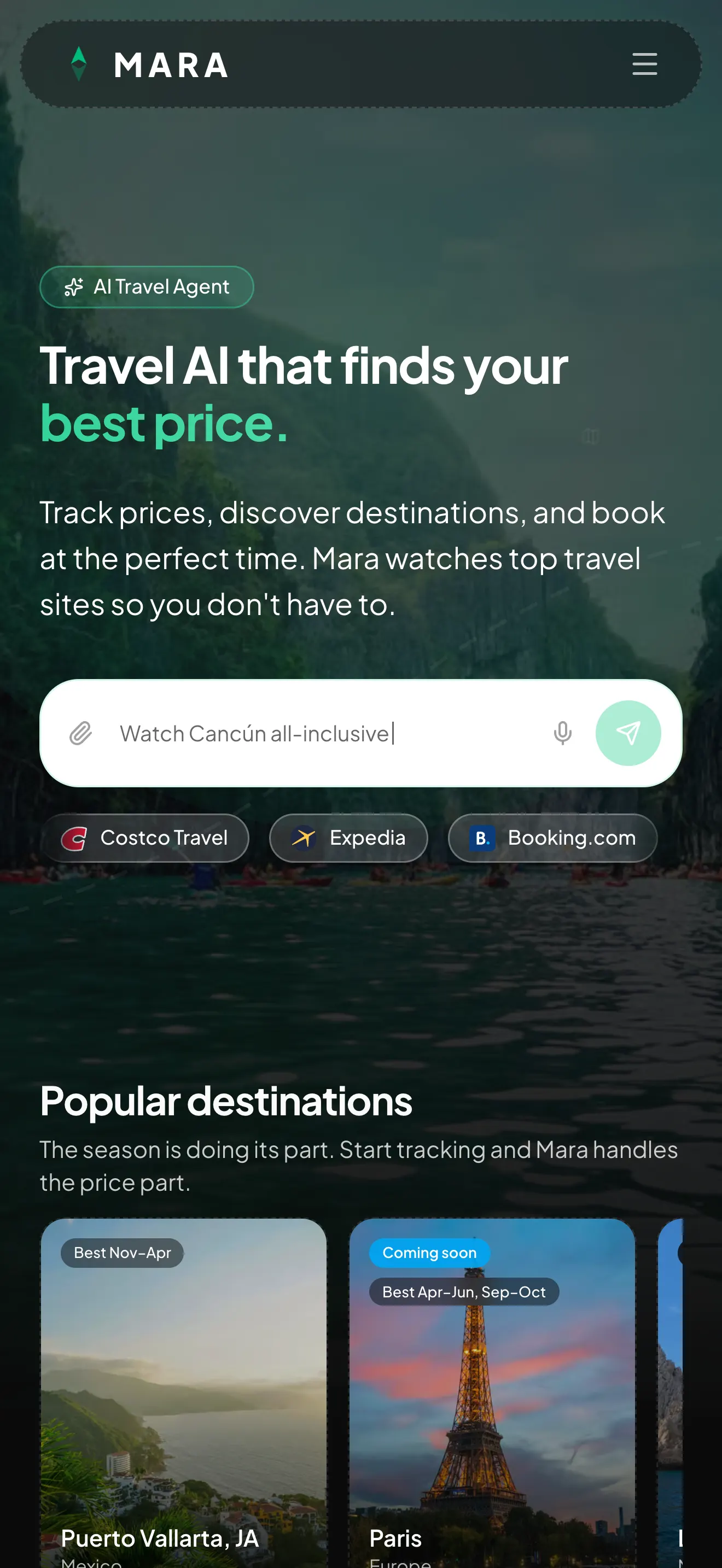 The same homepage on an iPhone, with the headline, the Ask Mara input and the row of travel sites stacked into one column.