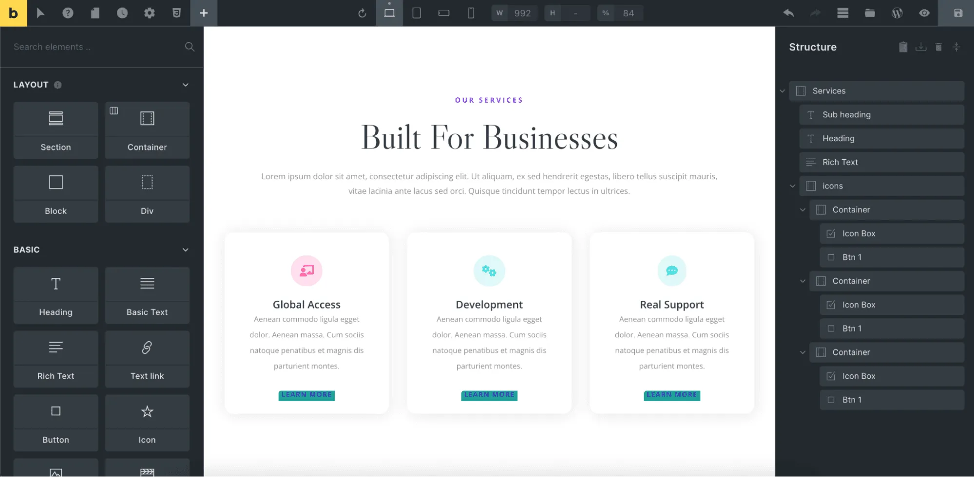 The Bricks Builder editor showing a services section on a WordPress site