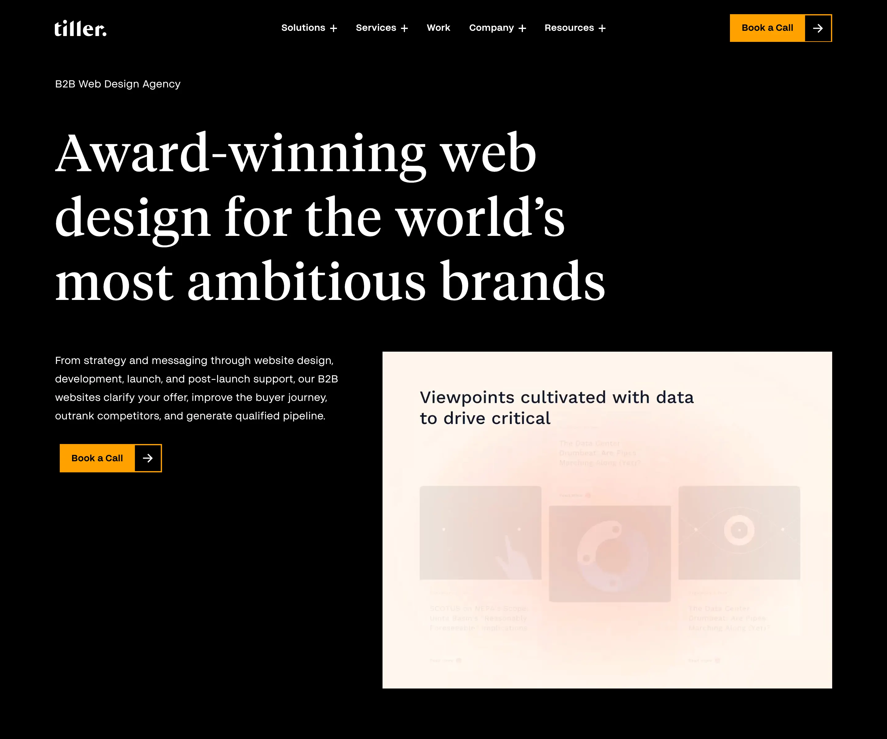 The Tiller Digital B2B web design page: the headline "Award-winning web design for the world's most ambitious brands" in white serif on black, above a short description and a looping showcase of client website work.