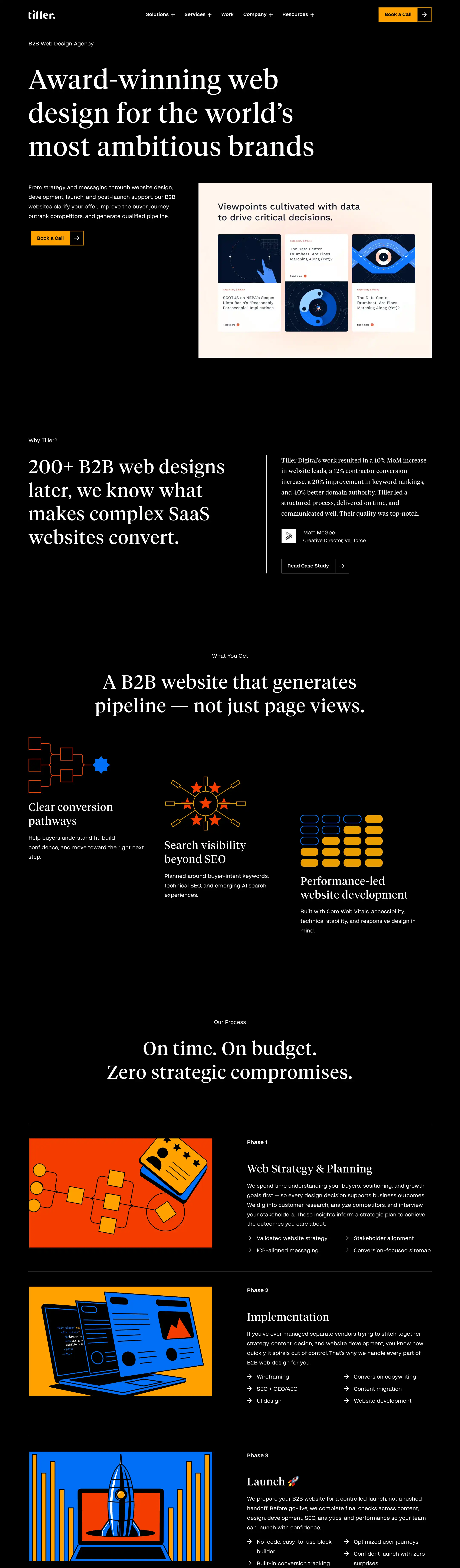 The full Tiller Digital B2B web design page, resting at the top: the headline “Award-winning web design for the world's most ambitious brands” in white serif on black, above a short description and a looping showcase of client website work, with the process and services sections below it.