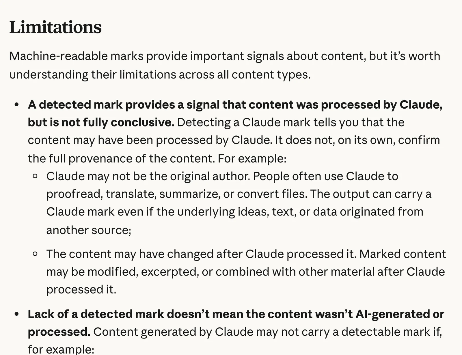Anthropic's help centre under a heading reading 'Limitations'. It lists that 'A detected mark provides a signal that content was processed by Claude, but is not fully conclusive', that 'Claude may not be the original author' because people use Claude to proofread, translate, summarize or convert files, and that 'Lack of a detected mark doesn't mean the content wasn't AI-generated or processed'